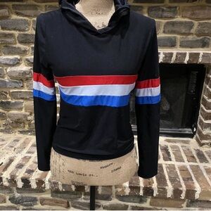 DoDo Retro Women’s Medium Hoodie Shirt Dark Blue Red White Striped  Long Sleeve